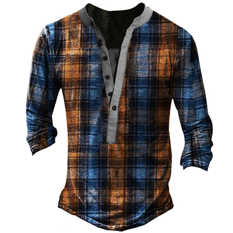 Casual V-neck Long Sleeve Digital Print Slim Pullover Men's T-shirt