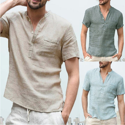 CJ Casual Linen Solid Color Shirt Button V Neck Beach Shirt Men Summer Tops