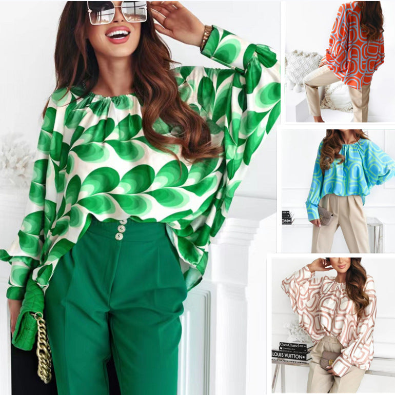 Spring and Autumn New Women's Shirts Doll Sleeves Long Sleeves Loose Round Neck Printed Shirts