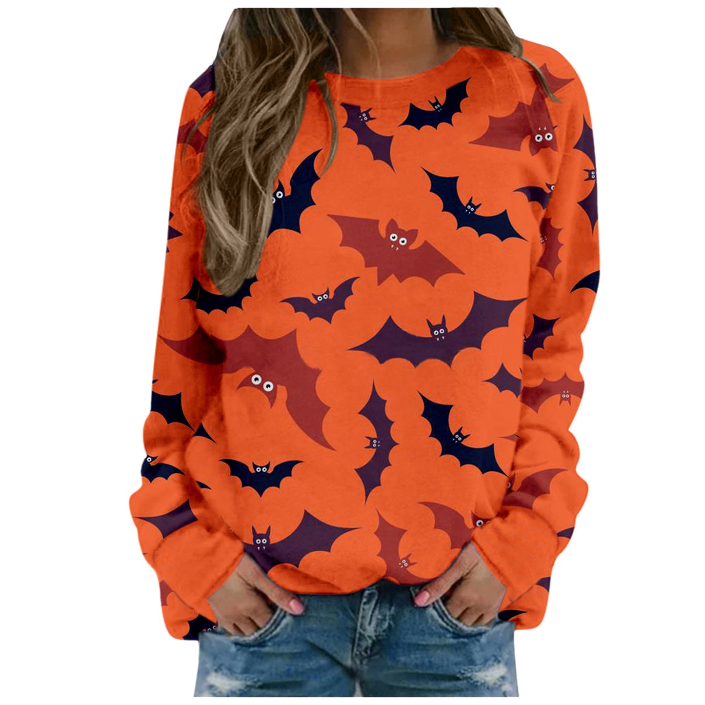Halloween Pumpkin Head Bat Funny Sweater Women's Round Neck Pullover Print Long Sleeve