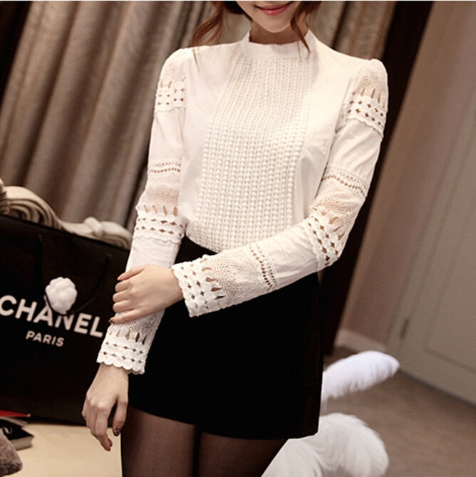 Women Blouses Slim Bottoming Long-sleeved White Shirt Lace Hook Flower Hollow Plus Size S-5XL