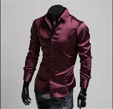 Glossy Casual Men's Solid Color Slim Long Sleeved Shirt