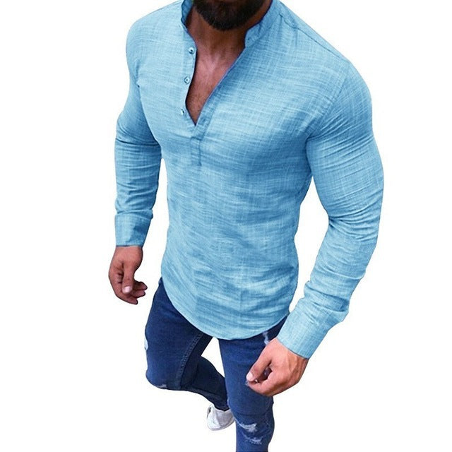 Summer men's plain linen short sleeved casual shirt with a stand-up collar