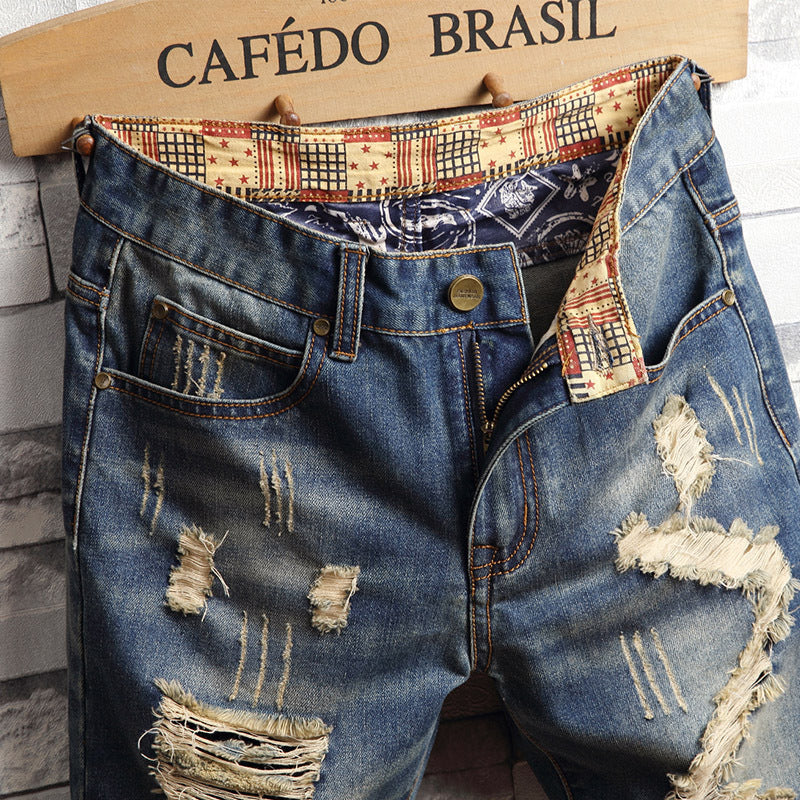 Trend big hole jeans short pants men\'s summer Capris jeans pants pants beggars pants men\'s Korean slim