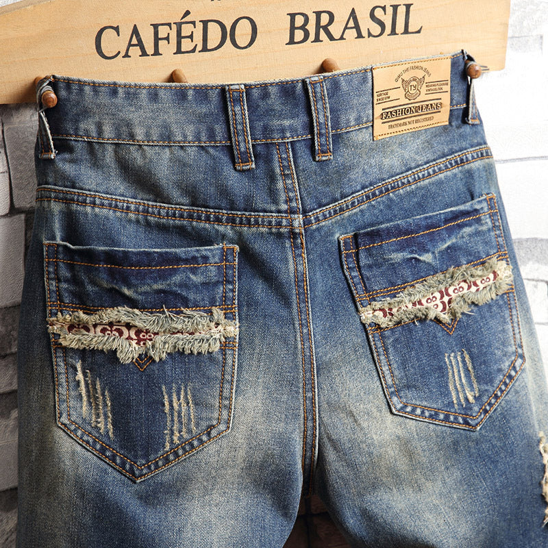 Trend big hole jeans short pants men\'s summer Capris jeans pants pants beggars pants men\'s Korean slim