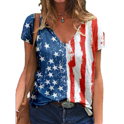 National Flag Independence Day FlagV-neck Short-sleeved Printed T-shirt Women