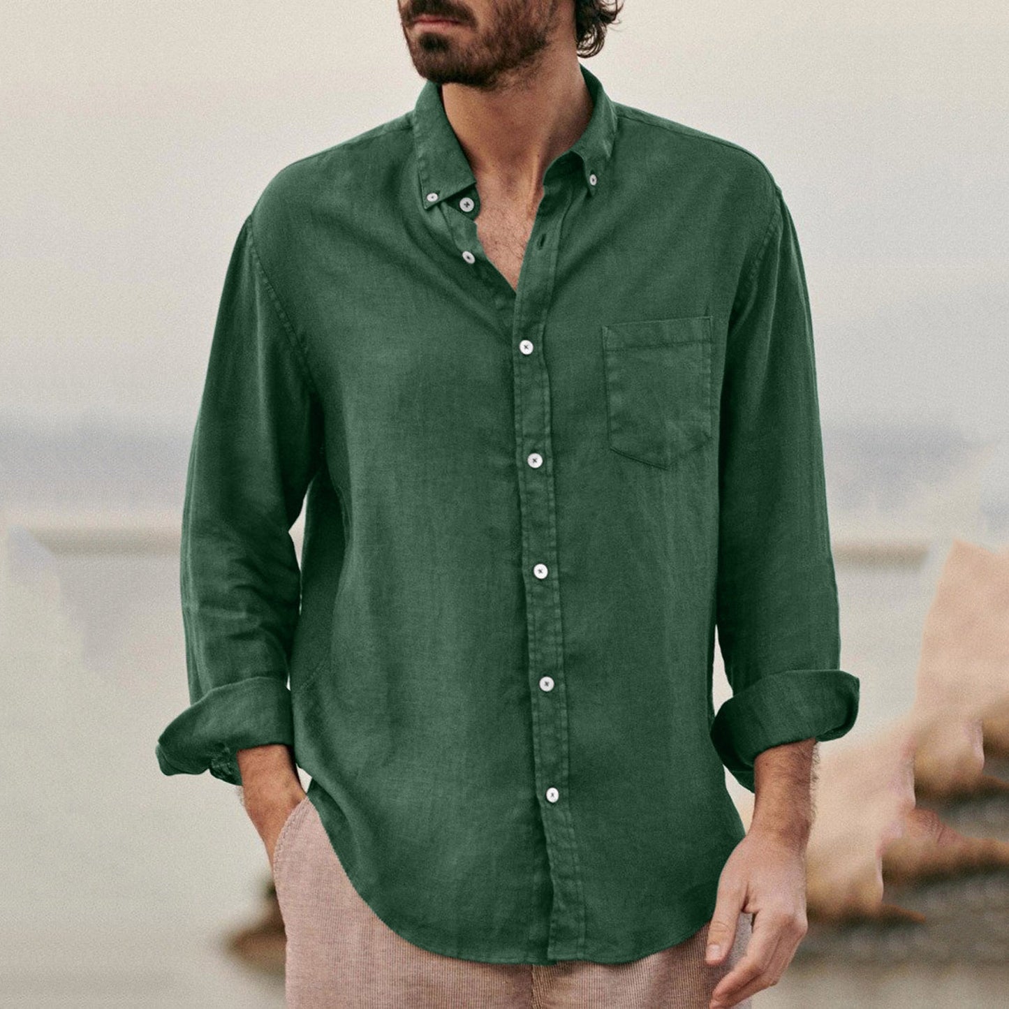 Solid Color Casual Lapel Cardigan Men's Shirt