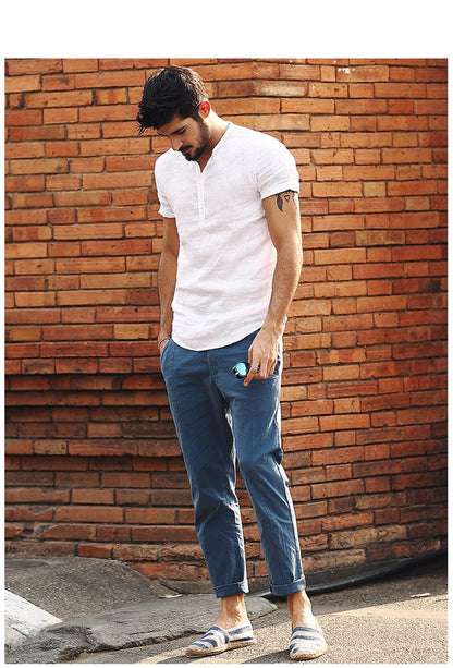 EP Summer Short sleeved Shirts Men 100% Linen White Solid Color Slim Fit Plus Size Collarless Tops