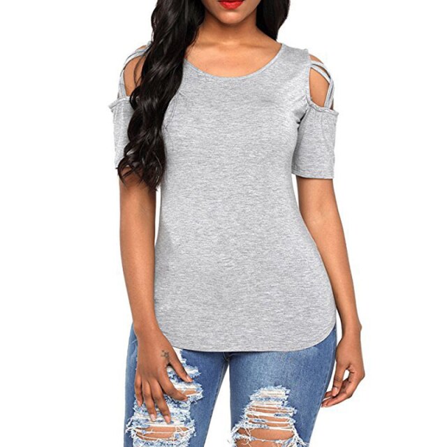 Women Loose Strappy Cold Shoulder Tops Basic T-Shirts