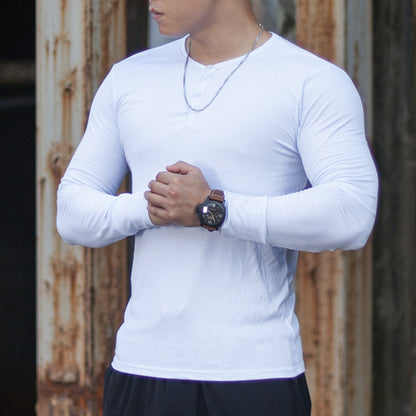 Men's High Elastic Solid Color Sports Casual Button Long Sleeve