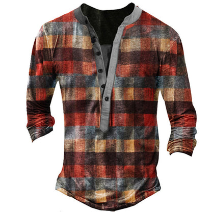 Casual V-neck Long Sleeve Digital Print Slim Pullover Men's T-shirt