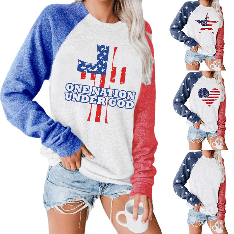 Round neck pullover flag long sleeves