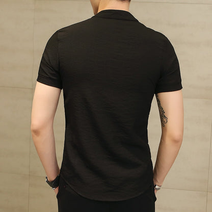 EP Men Shirt Fashion Chinese style Linen Slim Fit Casual Short Sleeves Shirt Camisa Social Business Dress Shirts