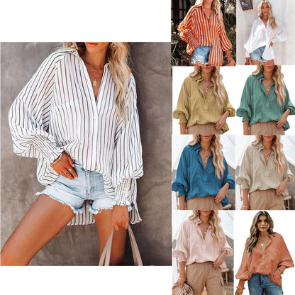 Spring And Autumn New Lapel Shirts Thin Mid Length Striped Casual Long Sleeve Shirts Top For Women