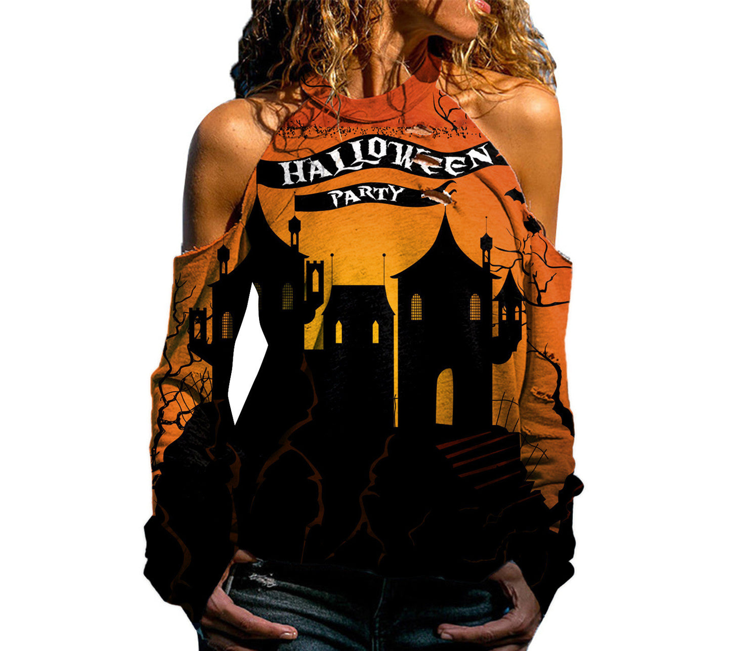 Halloween Off Shoulder Printed Top Womens Casual Loose Stitching Long Sleeved T Shirt