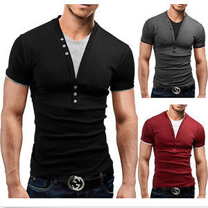 V-neck Contrast Color Fake Two-piece Men's Short-sleeved T-shirt