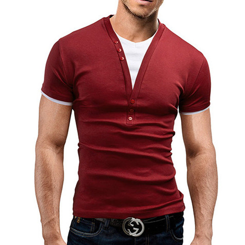 V-neck Contrast Color Fake Two-piece Men's Short-sleeved T-shirt