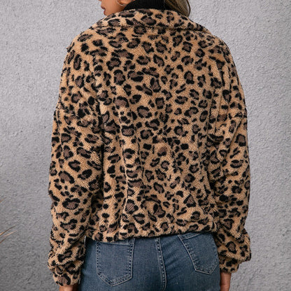 Leopard Print Lapel Zip Fur Jacket Long Sleeve Plush Sweater Jacket