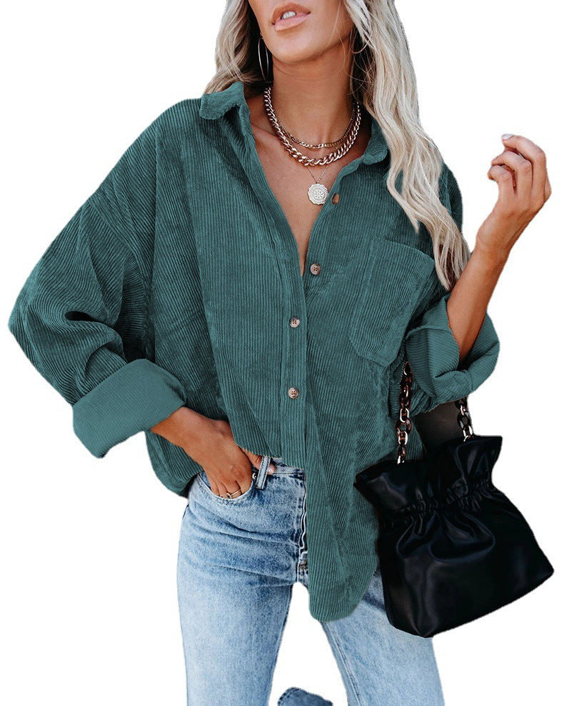 New Autumn And Winter Women's Shirts Solid Color Lapel Pit Strip Corduroy Casual Jacket