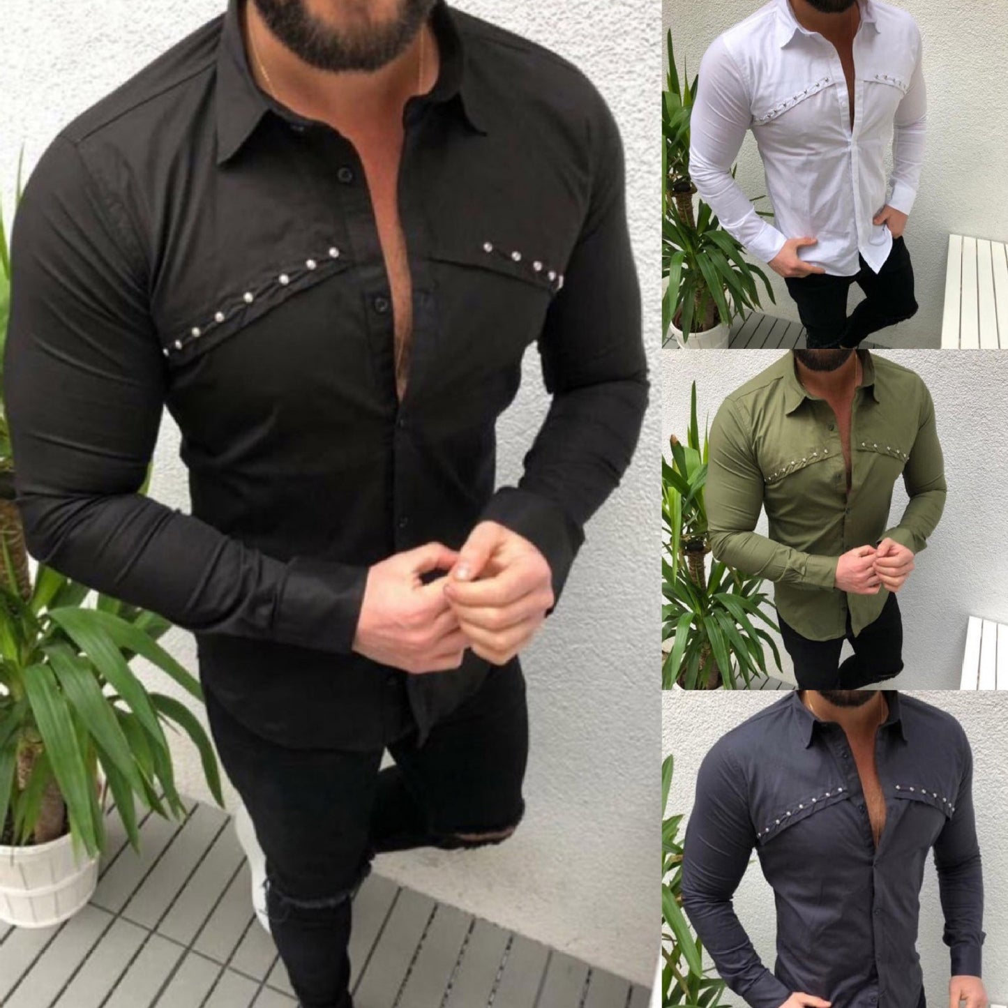 Men's Casual Cardigan Lapel Solid Color Shirt