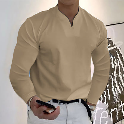 Male Fashion Casual Solid Color V-neck Long Sleeve Shirts