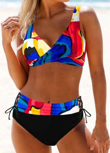 New Split Large High Waist Rainbow Striped Bikini Swimsuit