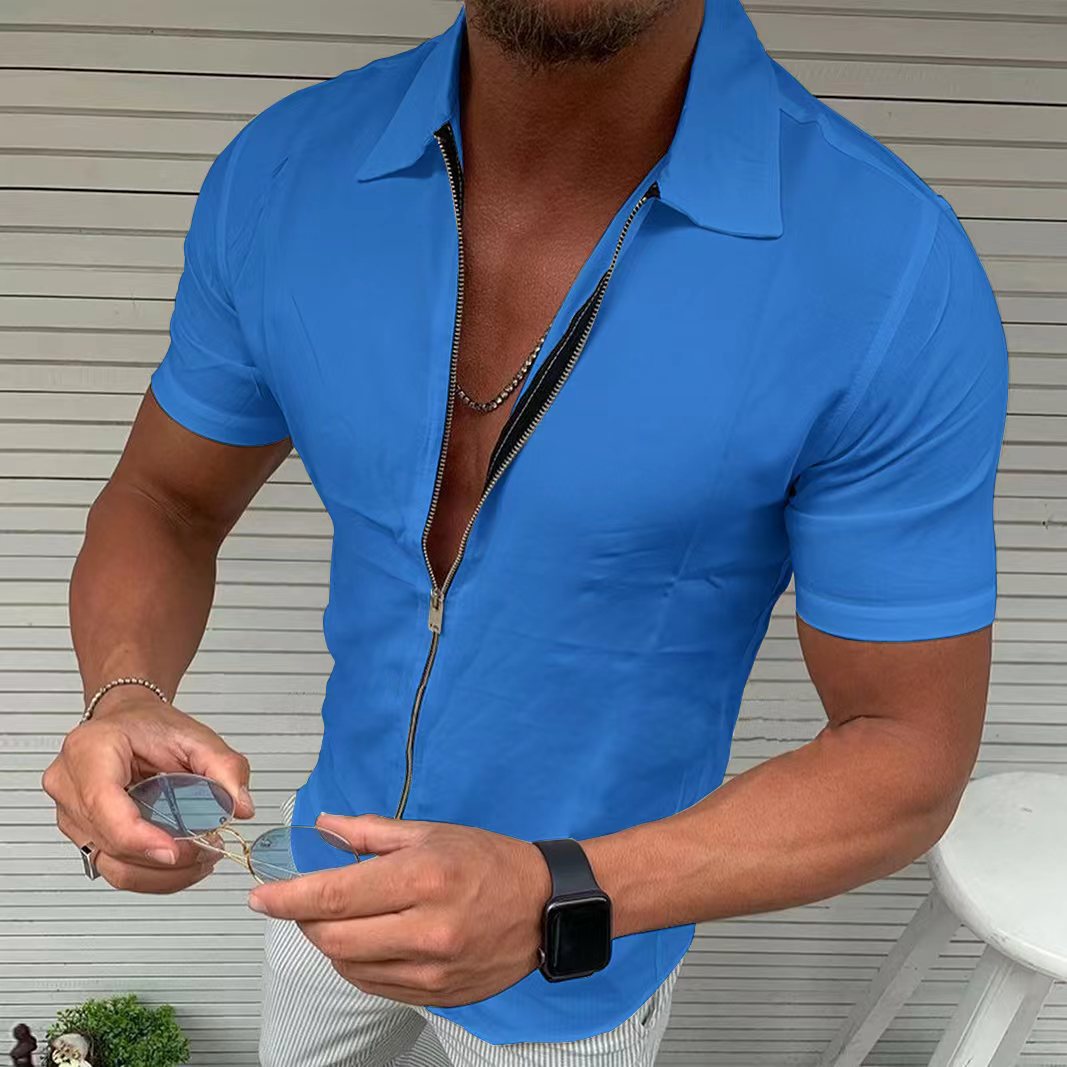 Solid Color Zipper Short Sleeve Shirt Slim Fit Men Casual Lapel Cardigan