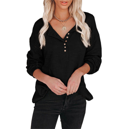 Women's Solid Color Breasted Lantern Sleeves Casual Tops Stand Collar Pullover T-Shirts for Girls