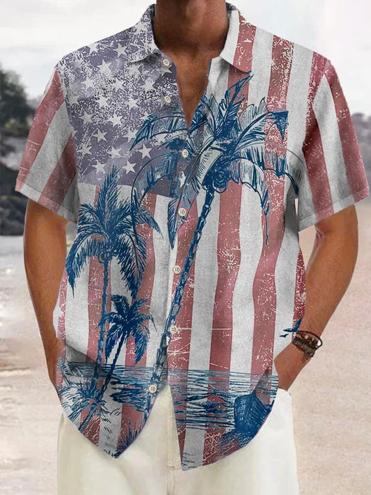 Men'sLoose-fit Relaxed Relaxed Vacation Palm Tree Flag Shirt