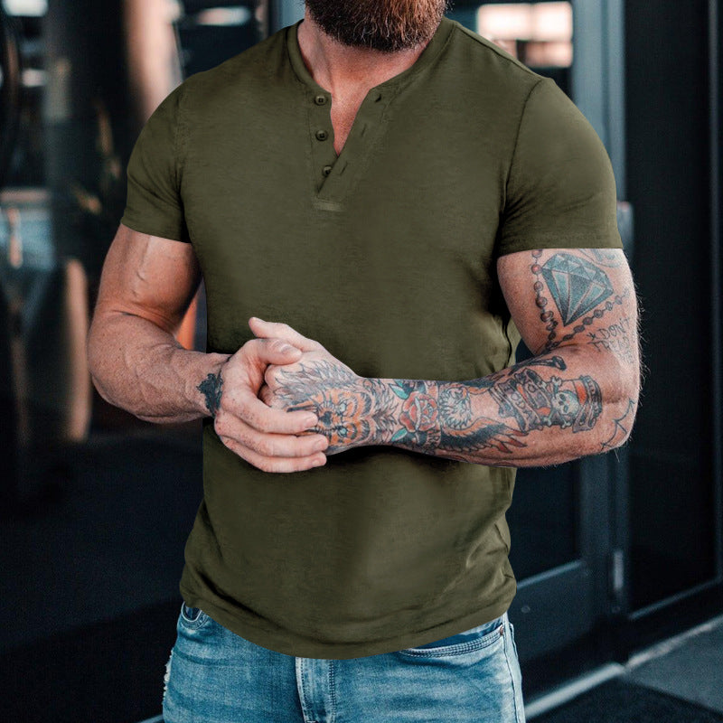 Men's Casual Henley Round Neck Short Sleeve Solid Color T-Shirt