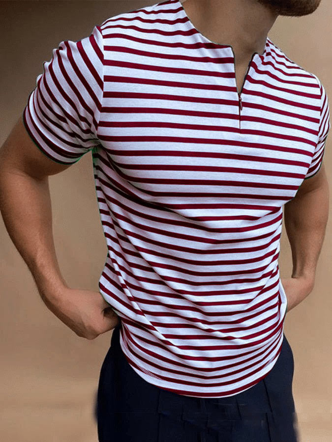 Summer V-neck Striped Cotton Casual Men's T-shirt