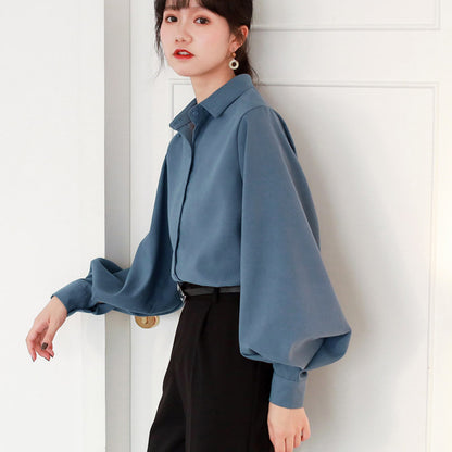 Lantern Sleeve Loose Women's Shirts New Autumn Winter Velvet Loose Casual Office Shirts Chic Tops