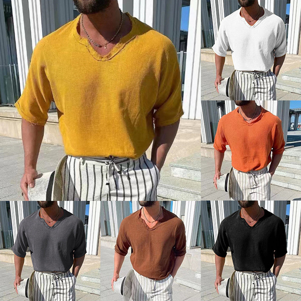 Men's Solid Color Cotton Linen V-Neck T-Shirt Short Sleeve Men