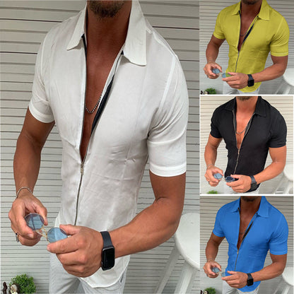 Solid Color Zipper Short Sleeve Shirt Slim Fit Men Casual Lapel Cardigan