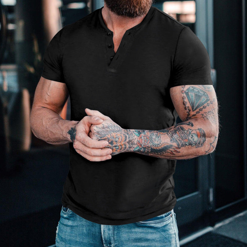 Men's Casual Henley Round Neck Short Sleeve Solid Color T-Shirt