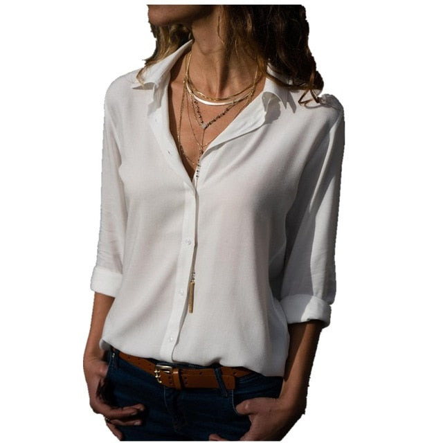 Lossky Women Tops Blouses Long Sleeve Solid V-Neck Chiffon Blouse Female Work Wear Shirts Blouse Plus Size