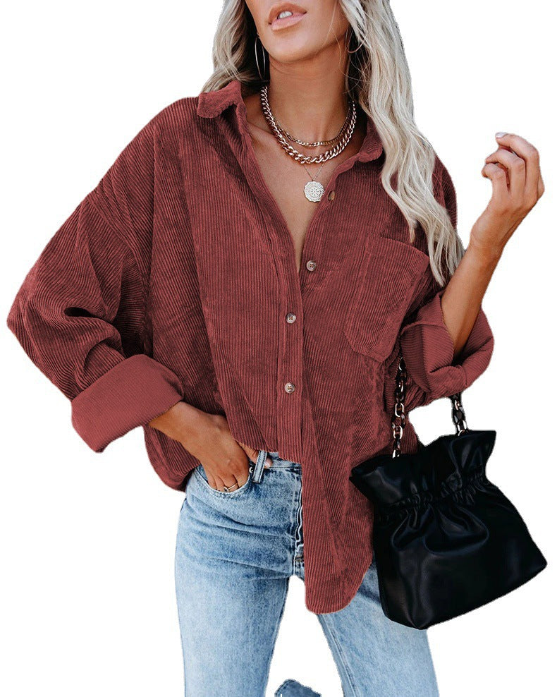 New Autumn And Winter Women's Shirts Solid Color Lapel Pit Strip Corduroy Casual Jacket
