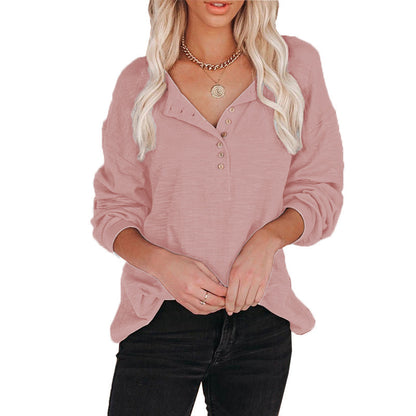 Women's Solid Color Breasted Lantern Sleeves Casual Tops Stand Collar Pullover T-Shirts for Girls