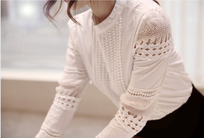 Women Blouses Slim Bottoming Long-sleeved White Shirt Lace Hook Flower Hollow Plus Size S-5XL