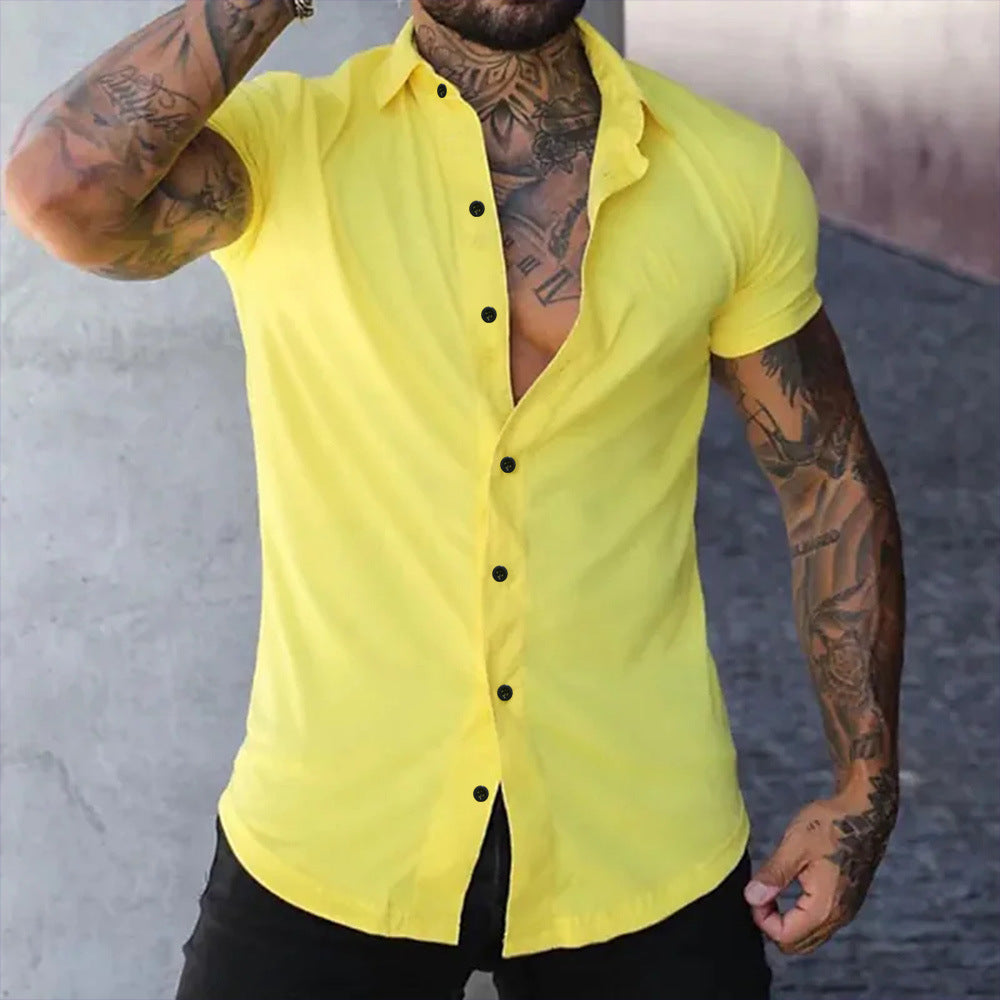Men's Fashion Slim Solid Color Cardigan Short Sleeve Shirt