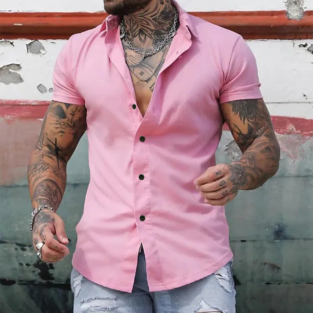 Men's Fashion Slim Solid Color Cardigan Short Sleeve Shirt