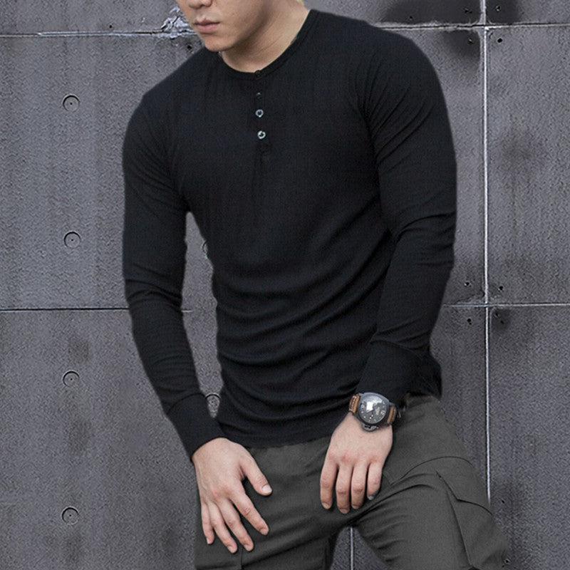 Men's High Elastic Solid Color Sports Casual Button Long Sleeve