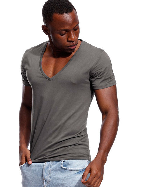 Deep V Neck T Shirt For Men Low Cut Wide Vee Tee Male