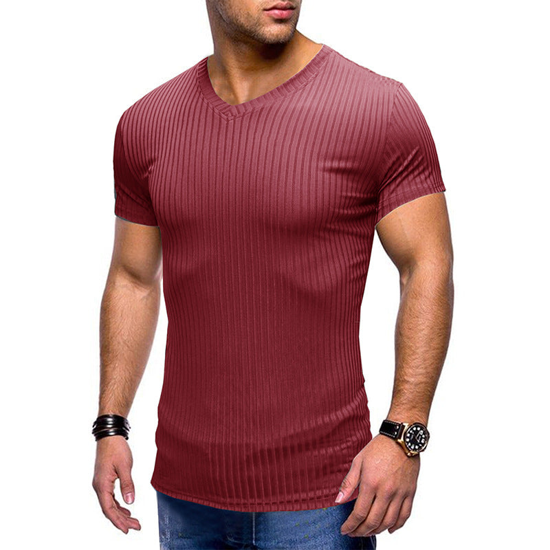 Solid Color Small V Neck European And American Men's T-shirt