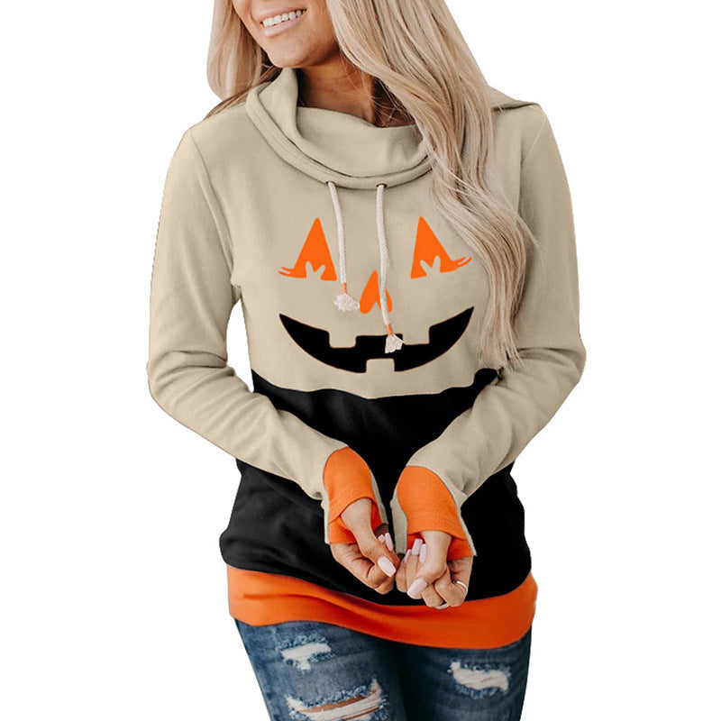 Halloween Long Sleeve Sweater Women Christmas Cartoon Pattern Contrast Color High Neck Pullover Ladies