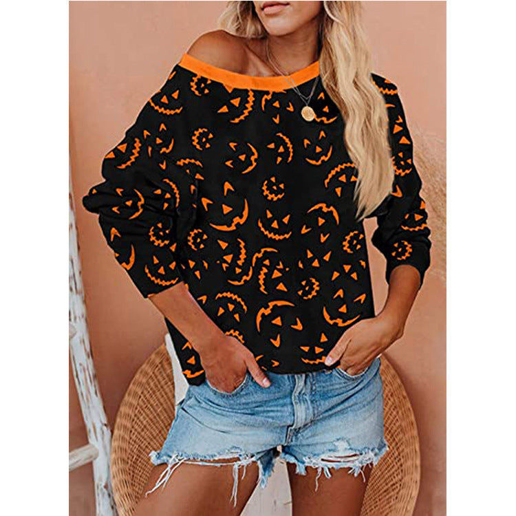T-shirt Halloween Explosive Smiley Pumpkin Skull Print Loose Long-sleeved Sweater Women