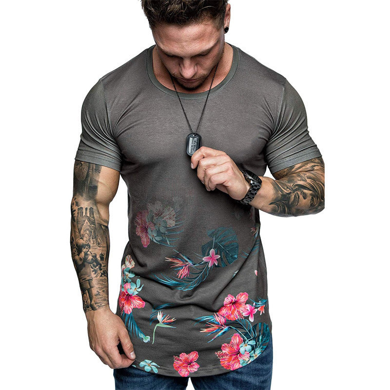Summer Men Slim Fit Flower Print Shirt Short Sleeve T-shirt Gym Tee Club Casual Tops Plus Size