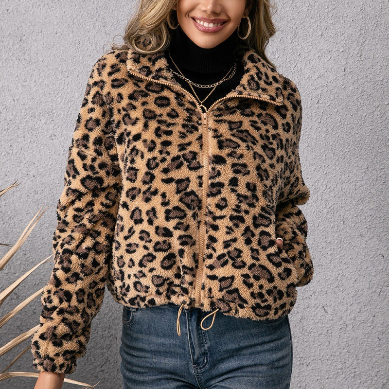 Leopard Print Lapel Zip Fur Jacket Long Sleeve Plush Sweater Jacket