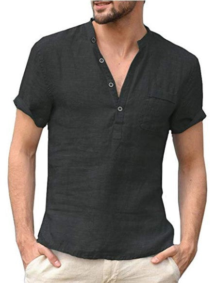 CJ Casual Linen Solid Color Shirt Button V Neck Beach Shirt Men Summer Tops