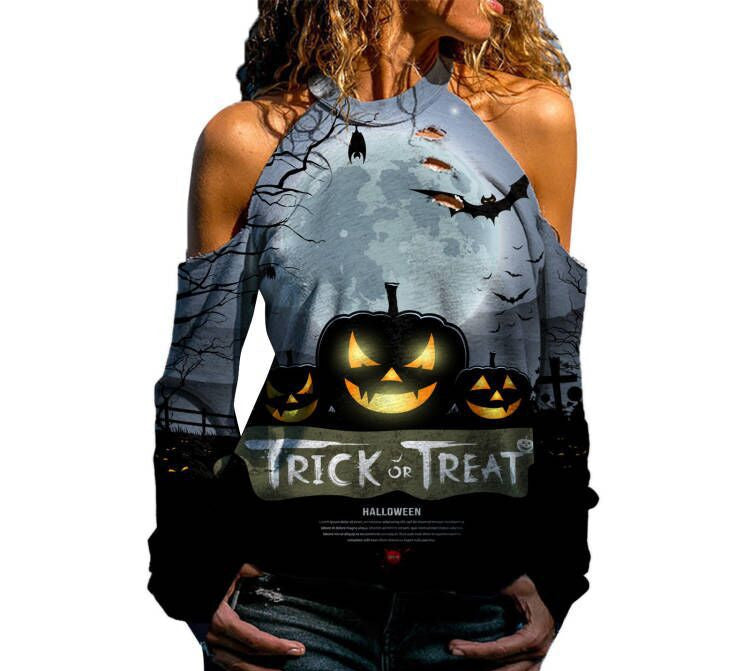 Halloween Off Shoulder Printed Top Womens Casual Loose Stitching Long Sleeved T Shirt